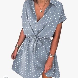 V-Neck Button-Down Blue & White Polka Dot Dress | Small